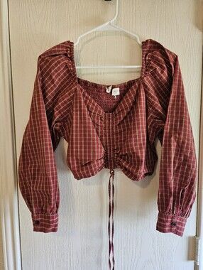 Levi's Red Plaid Cotton Puff Sleeve Women's Blouse Size Large